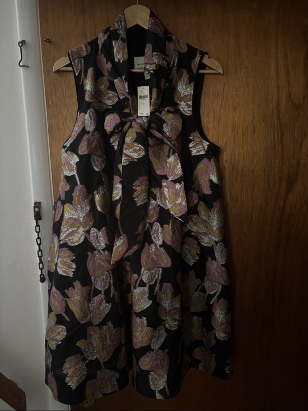 Anthropologie Maeve Black Floral Tie-Neck Midi Dress Pink and Gold Accents
